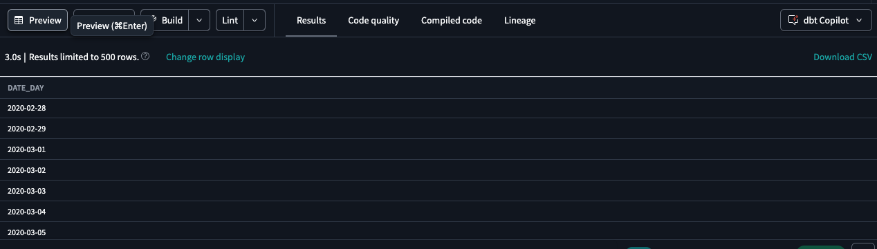 Preview the time spine table in dbt Cloud IDE