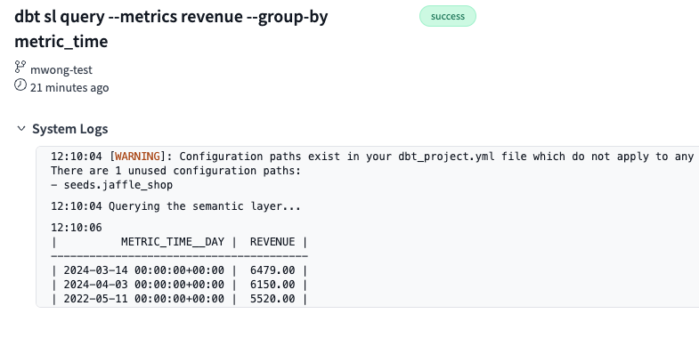 Validate the metrics and time spine output in dbt Cloud IDE